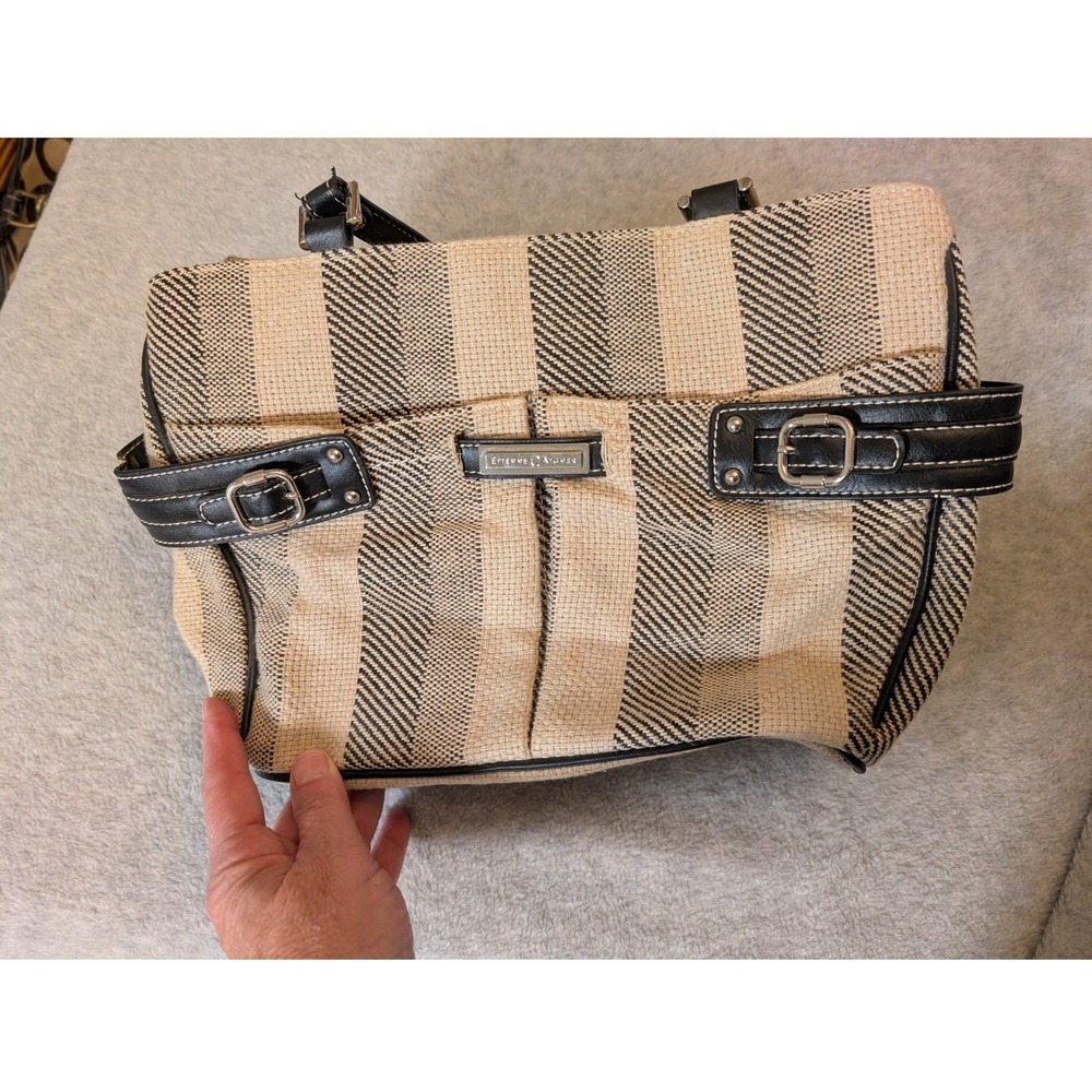Etienne Aigner Linen Blend Shoulder Tote Bag Black Beige Leather Accents Women's